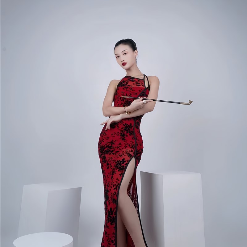 速发WYZ绒盖酒复色红古植盖旗袍改良风舞蹈旗袍连衣裙