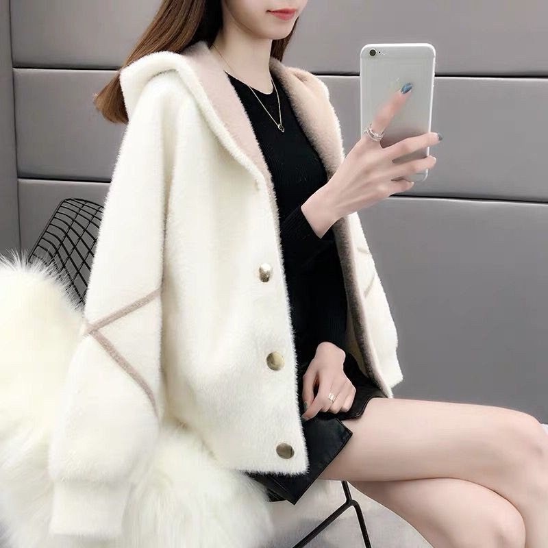 高货速发2024春季新款女装仿水貂绒短款外套韩版连帽开衫宽松上衣
