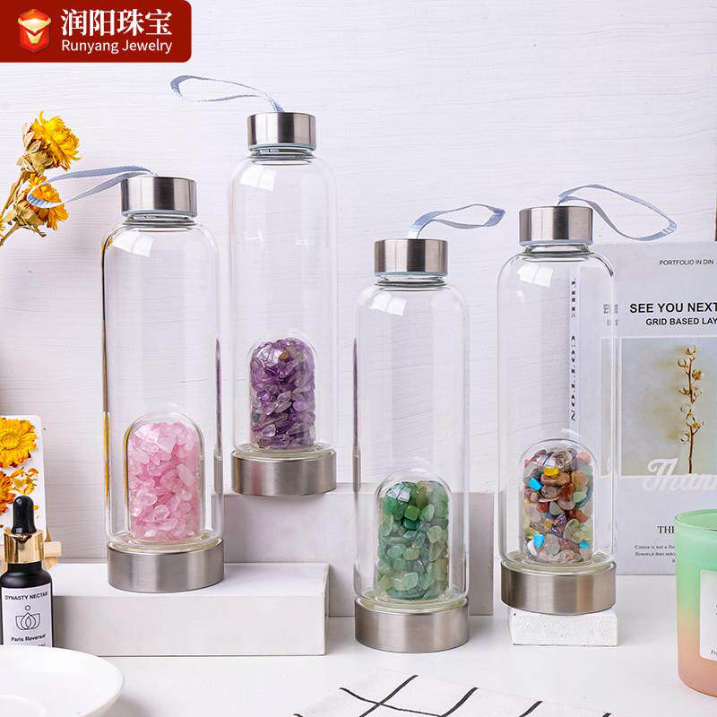 天然水晶碎石能量水杯304小口玻璃杯