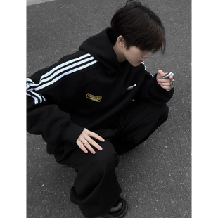 重磅纯棉美式三条杠黑色连帽卫衣高街春秋冬男女oversize学生慵懒