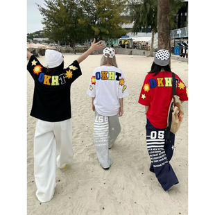 T恤男女宽松潮流上衣夏2026新款 纯棉 高街彩色毛巾绣字母短袖 美式