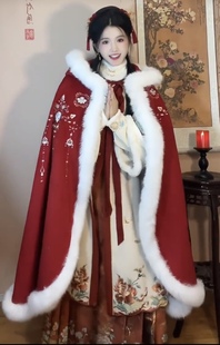 兰若庭原创汉服女明制圆领对襟衫 斗篷加厚加绒刺绣冬款 马面套装