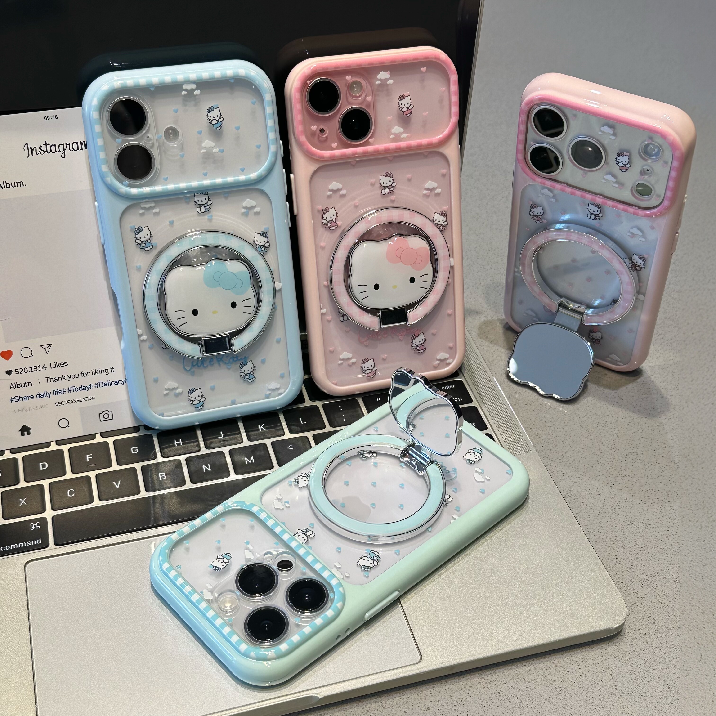 爱心天使猫咪镜子支架适用苹果17promax手机壳iPhone16/15新款14创意13华为PURA90荣耀400vivo小米17红米opp
