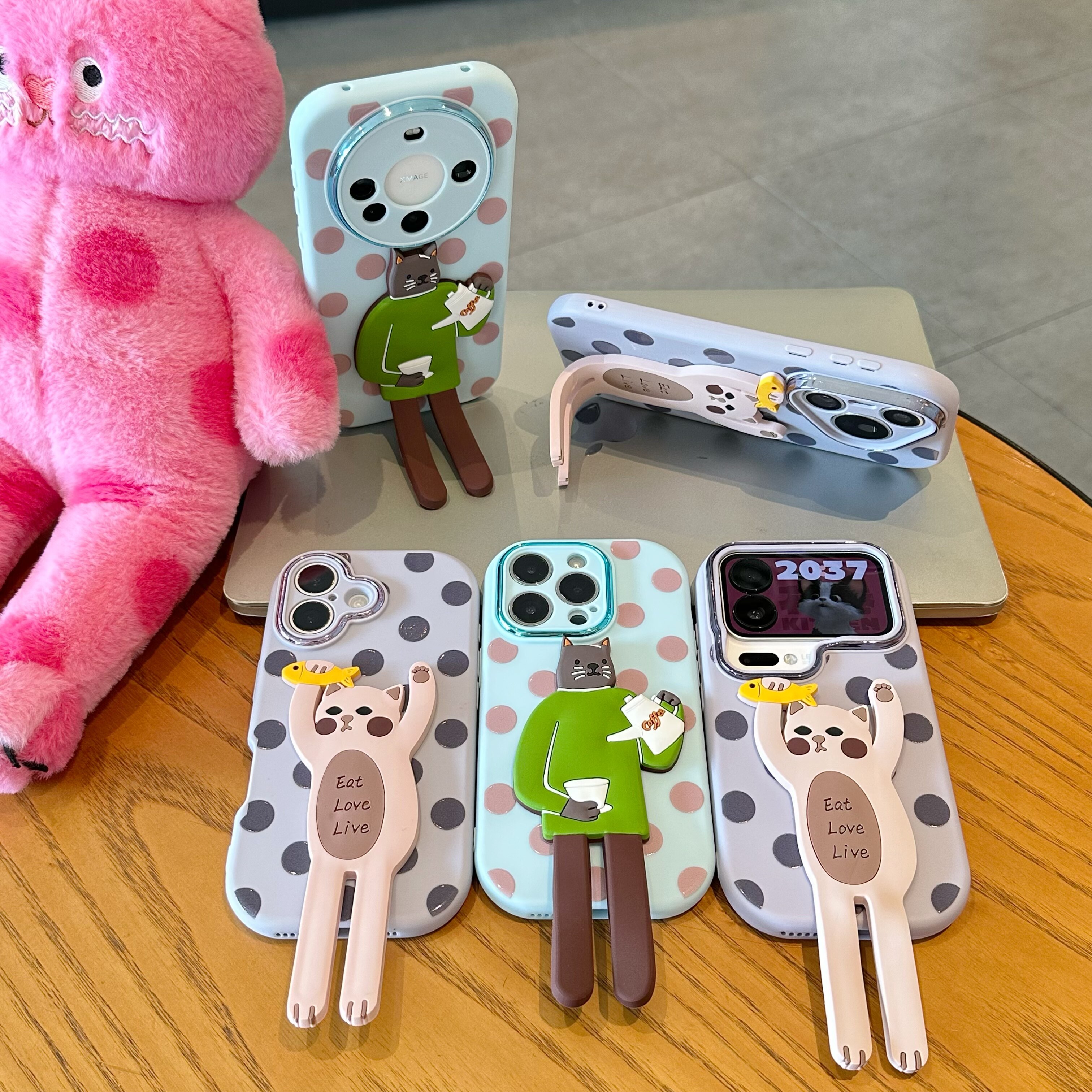 情侣抓鱼咖啡猫咪支架适用苹果17手机壳iPhone16/15/14promax新款vivo华为pura90创意x300小胖妹reno15小米17
