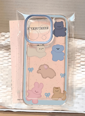 蓝色框小动物适用苹果16promax手机壳iPhone15防摔12可爱13卡通xs透明11华为vivoiqoo荣耀oppo小米14红米K50