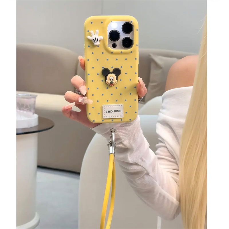 多巴胺色波点立体米奇公仔适用苹果16promax手机壳iphone13/12新款14女14promax皮质挂绳15pro全包软边手机套