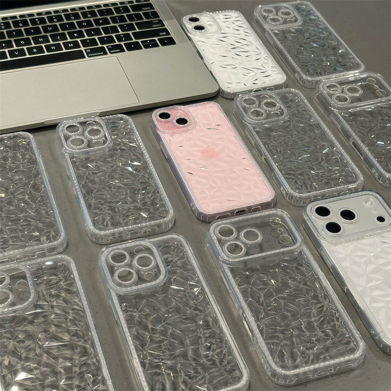 ins风透明闪钻菱格纹适用苹果17ProMax手机壳iPhone16新款15pro透明14网红13女款12pm硅胶14plus全包防摔套11