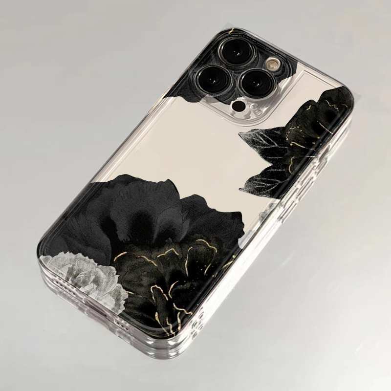黑色牡丹花适用iPhone16promax手机壳苹果15华为mate60小米14pro新款Pura70高级感nova13红米K80荣耀90reno12