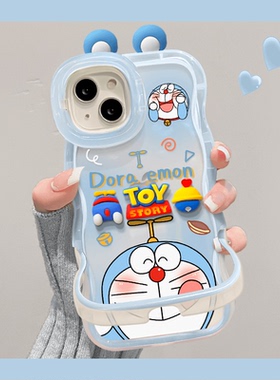 适用苹果13手机壳新女款iPhone15promax蓝色哆啦A梦11隐形双支架12防摔硅胶14plus立体耳朵xr保护套xs波浪边