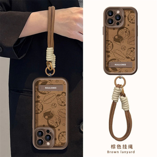 秋冬咖色背影多啦A梦适用苹果16promax手机壳iphone15/14新款华为mate60pro女款13荣耀200腕带Reno12挂绳S19