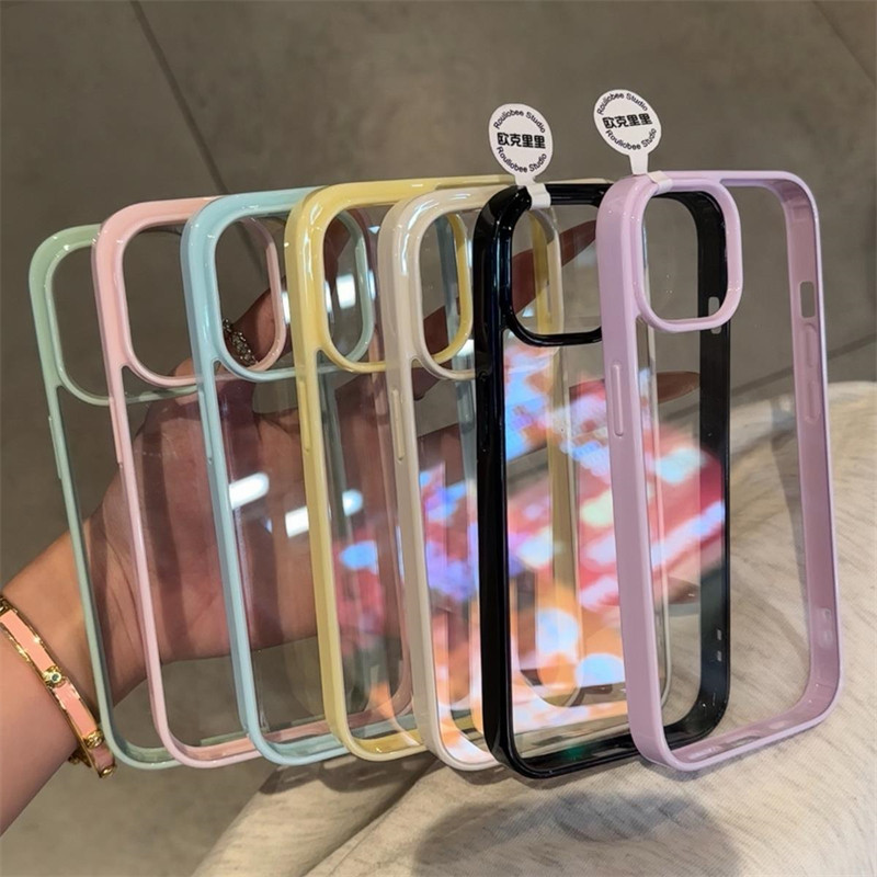 简约纯色透明亚克力适用苹果16promax手机壳17高级感iphone15/13pro/12/11少女防摔14plus全包保护套彩色软边