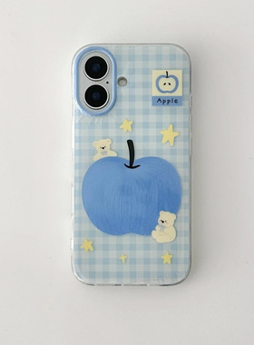 软萌可爱格纹蓝色苹果星星小熊适用苹果15promax手机壳iPhone16新款13高级12华为p70荣耀vivo小米14红米oppo