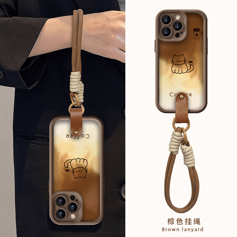 美拉德秋冬渐变色咖啡猫咪适用苹果16promax手机壳iphone15/14新款华为mate60pro女荣耀200腕带Reno12挂绳S19