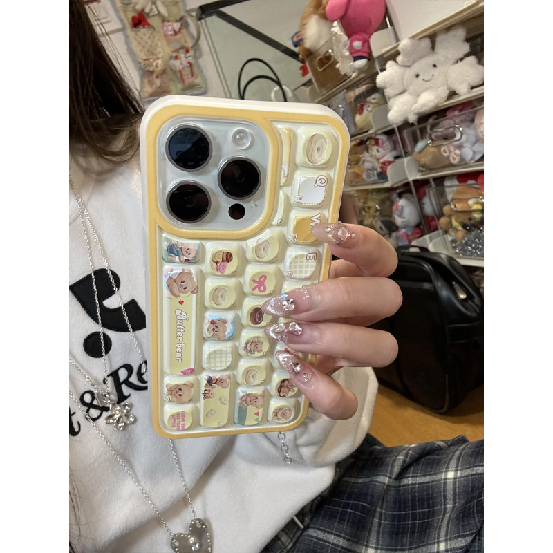黄油小熊创意卡通立体键盘适用苹果16promax手机壳iphone13新款15pro少女心14解压按键12趣味可爱全包软壳11