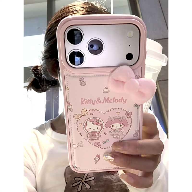粉色毛绒蝴蝶结适用苹果17promax手机壳可爱少女心iPhone16卡通15/14Pro皮纹气囊保护套13高级感12凯蒂猫11kt