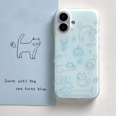 韩风ins满屏蓝底猫狗适用苹果15promax手机壳iPhone16新款13双层壳12华为P70荣耀400vivo小米14红米K80oppo