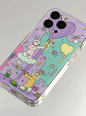 紫色涂鸦灭毒大战适用苹果16promax手机壳ioppoK10卡通小米12可爱13pro全包华为p60软11防摔x高级感8透明mini