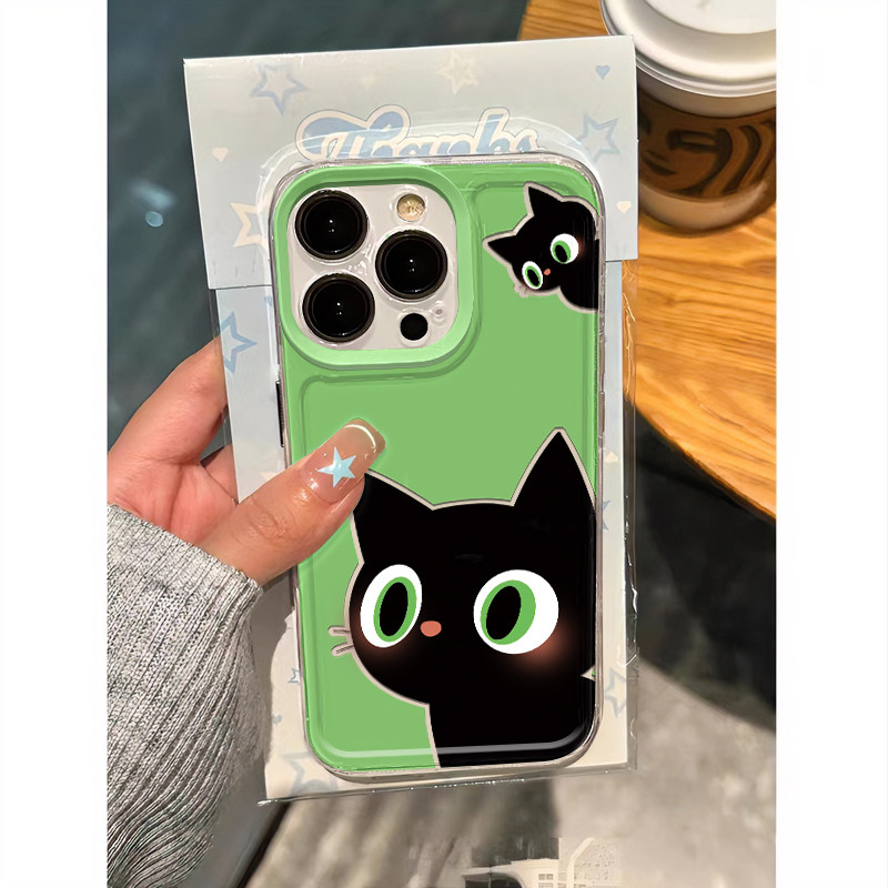 奶绿小黑猫手机壳适用iphone15苹果14promax简约13可爱12卡通11软壳vivox90华为mate60pro全包opporeno保护套