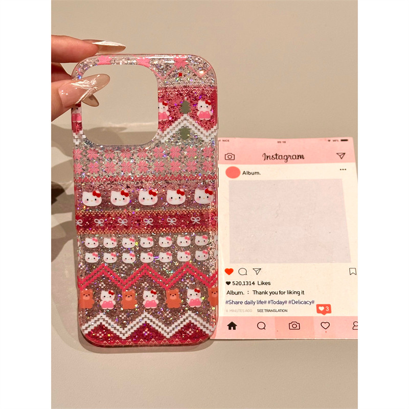 苹果ins红波纹KT棕熊蝴蝶结闪粉