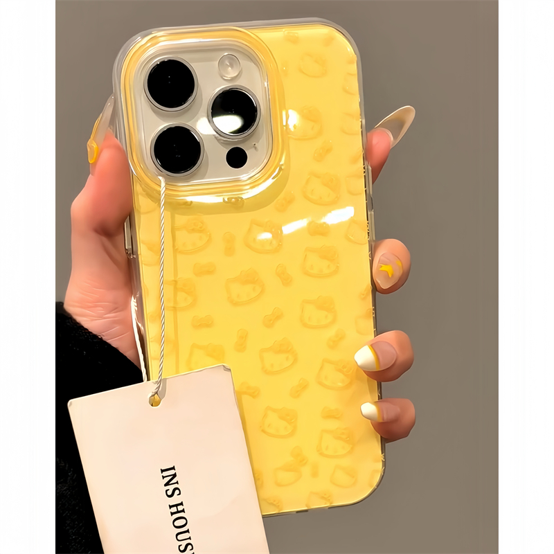 ins风奶黄色线条蝴蝶结KT猫双层适用苹果15promax手机壳iPhone16新款13高级12华为P70荣耀vivo小米14红米oppo