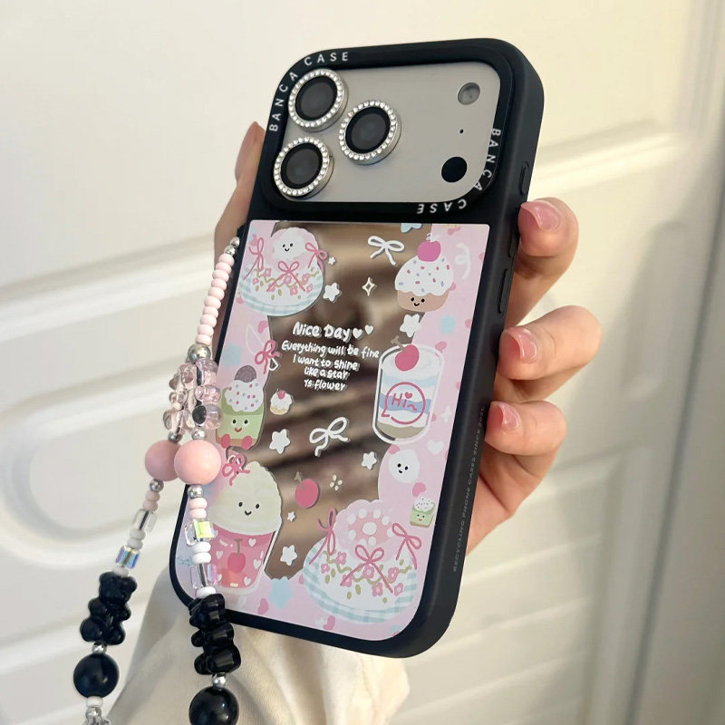 可爱环绕小蛋糕适用苹果17promax英文镜面手机壳iPhone16/15/14pro个性创意16/15/14plus防摔14/13/12/11女款