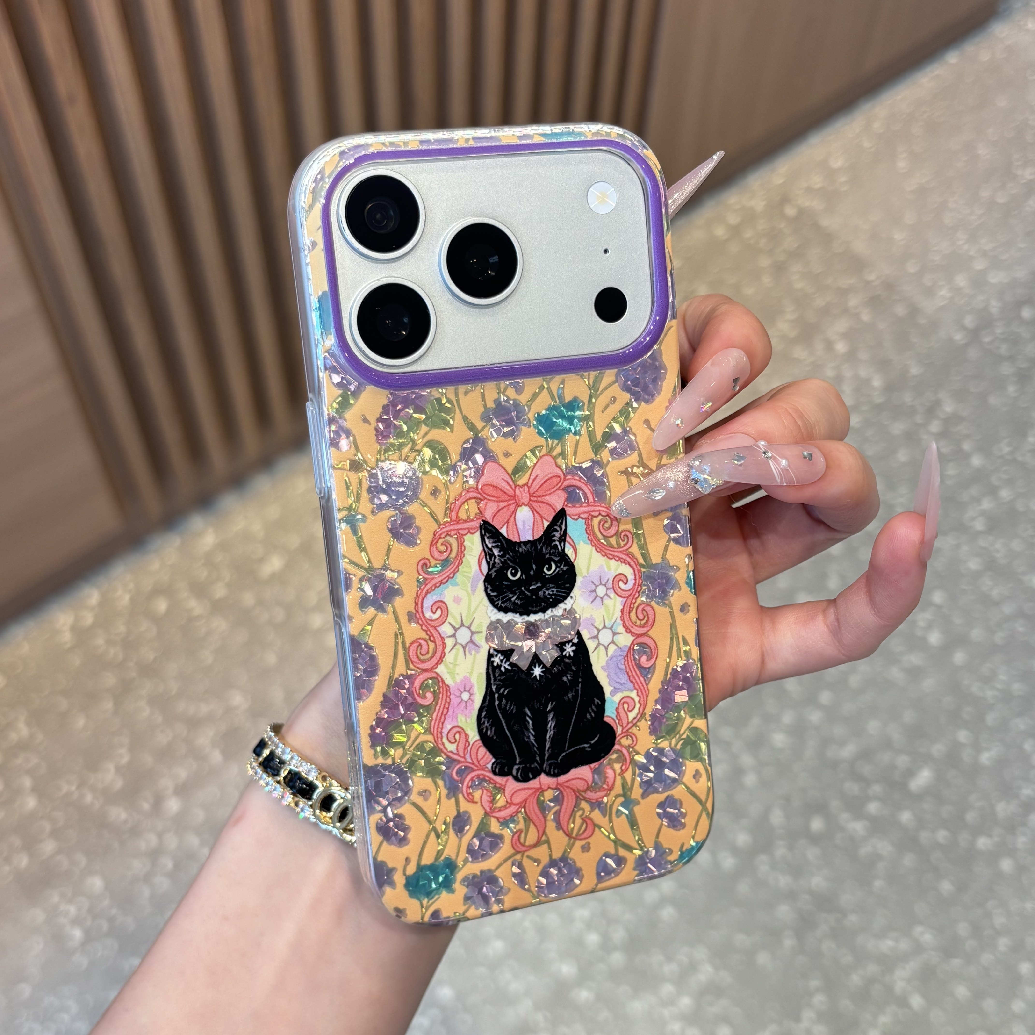 ins韩系复古高级感紫色繁花黑猫适用苹果18promax手机壳iPhone16/15新款14创意13华为Pura90潮vivoS30小米17
