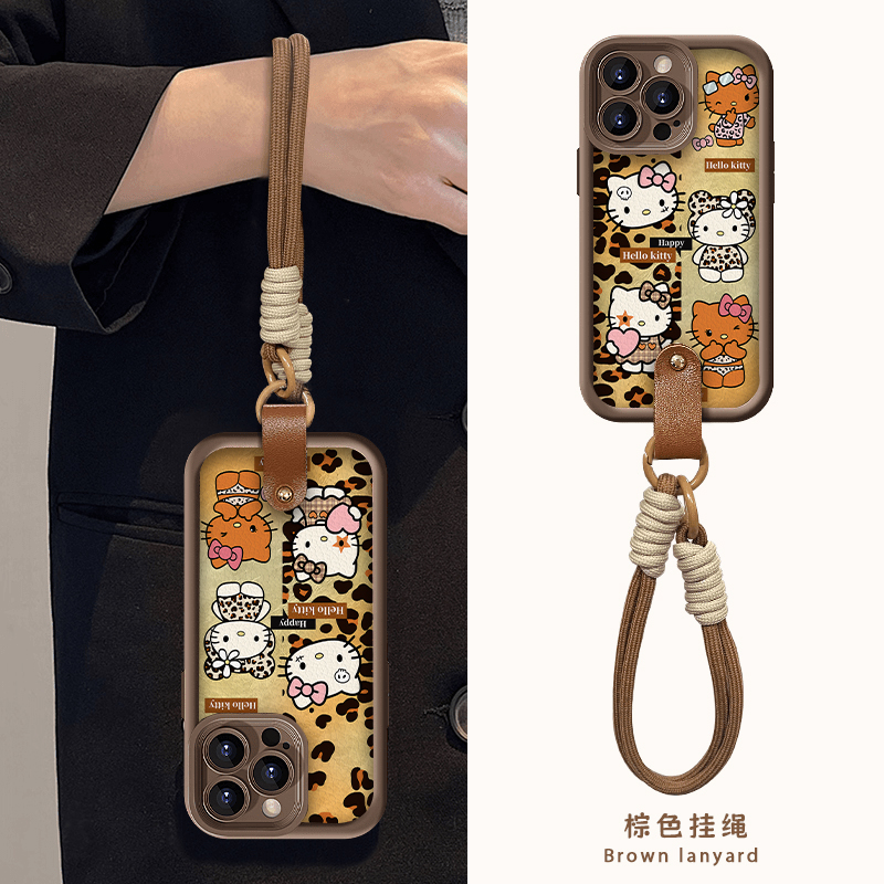 卡通可爱豹纹kitty猫适用苹果15promax手机壳带挂绳iPhone13新款16华为p70荣耀vivo小米14红米oppo防摔保护套