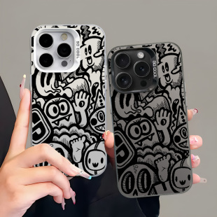 涂鸦线条怪兽磨砂彩银壳适用苹果15promax手机壳iPhone16新款 13高级感12华为P70荣耀90vivo小米14红米k70oppo