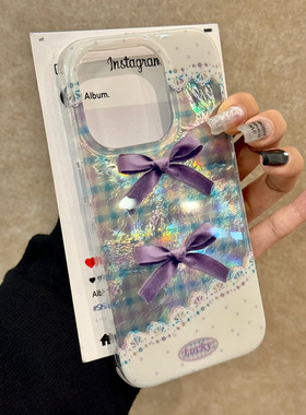 韩系紫蝴蝶结格纹适用苹果15pro手机壳iPhone16max13小米14华为mate70荣耀100x200红米k60p50nova11reno12s18