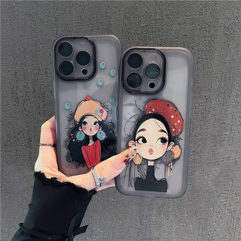 卡通冷帽大眼女孩适用苹果17promax手机壳华为mate60pro创意pura70个性OPPOReno14金属框vivos20小众小米17软