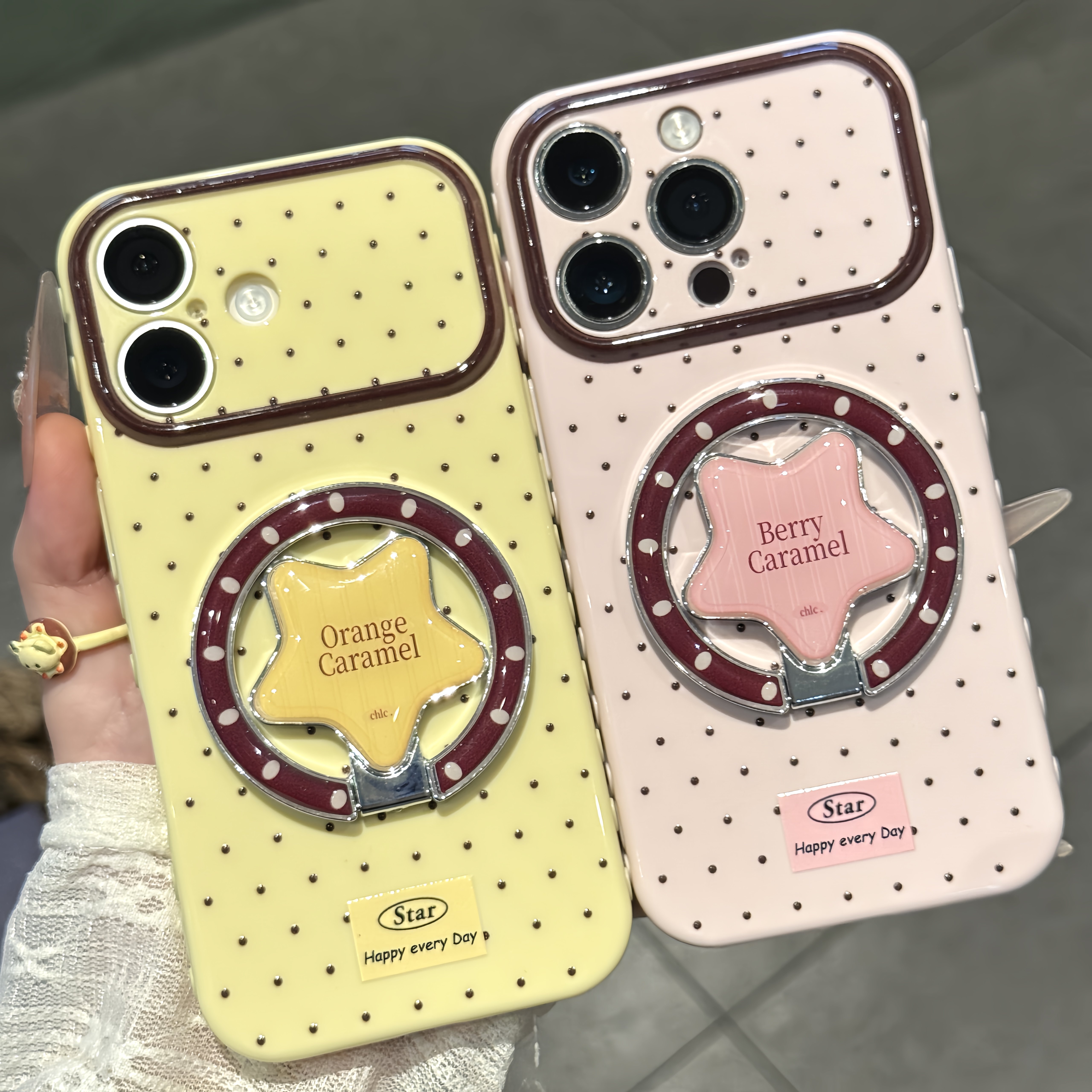 可爱粉黄波点支架适用苹果17promax手机壳iPhone16华为mate60pro新款Pura90创意opporeno16女vivox300小米15