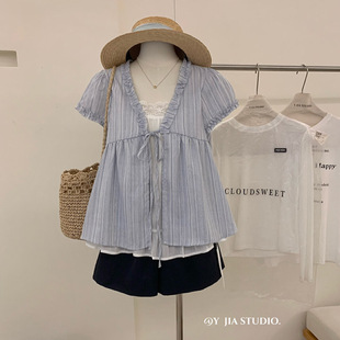 小衫 Y.JIA伊嘉 衬衫 2025夏季 女 甜美小清新麻棉假两件花边短袖