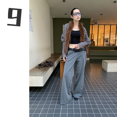 【实拍】美式皱褶西装裤女2025春夏低腰微喇裤