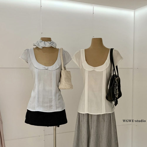 【实拍】夏季韩系通勤蕾丝拼接娃娃领短袖衬衫