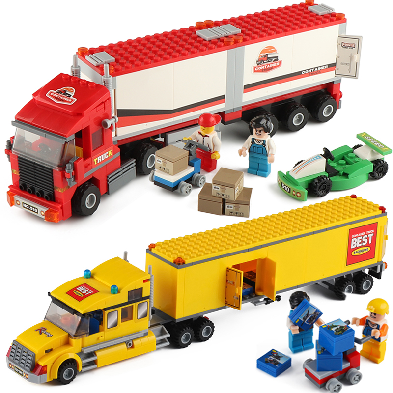 中国益智拼装积木玩具双层汽车运输车拖车集装箱货柜车卡车男孩子