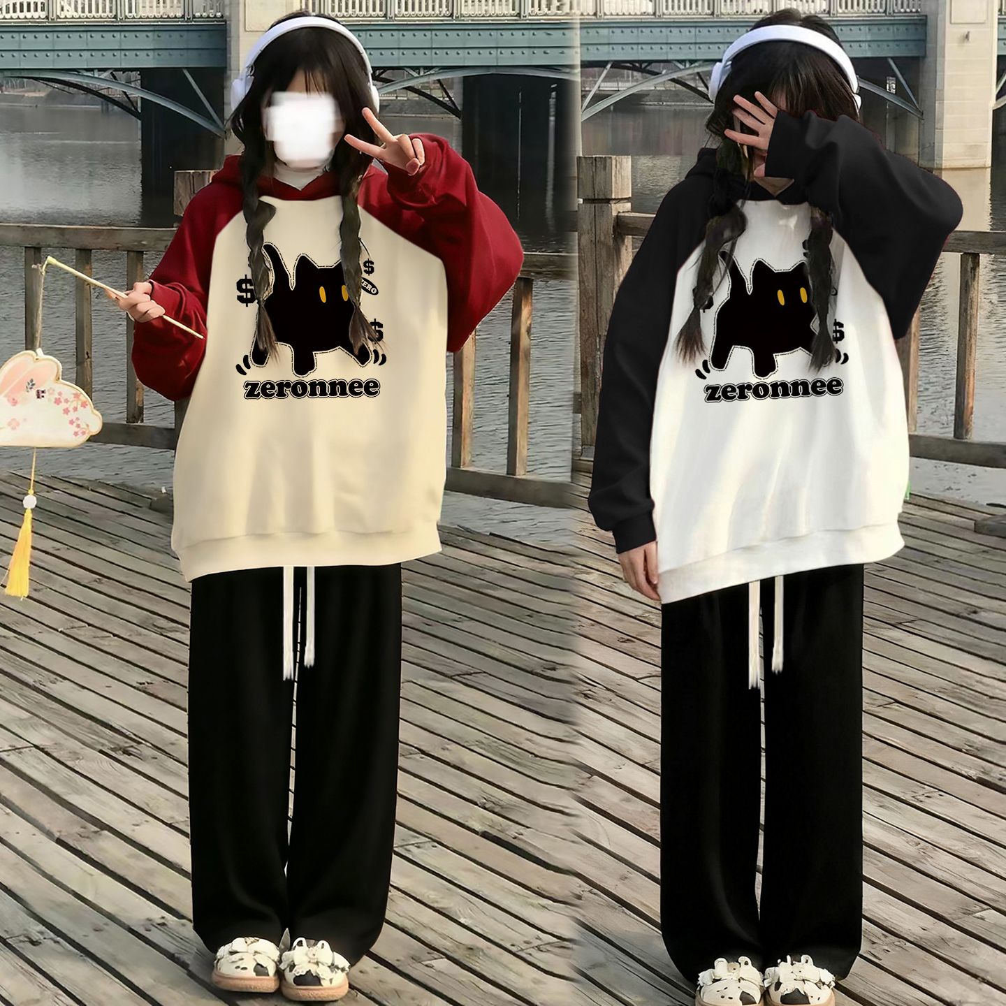 撞色长袖秋天运动套装女生裤子秋冬季新款连帽卫衣少女初中生套装