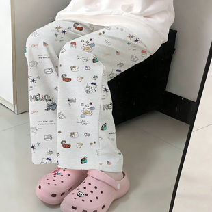 宅系卡通印花直筒休闲裤灰白色卫裤青少年加绒裤子女生阔腿裤冬秋