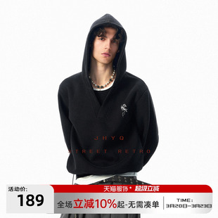 JHYQ春季飞马哥特J印花连帽V领卫衣男女休闲套头短款情侣宽松外套