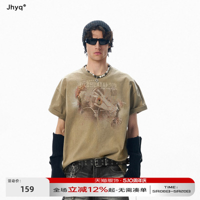 JHYQ美式烈焰印花做旧水洗短袖T恤男宽松oversize街头风潮牌上衣