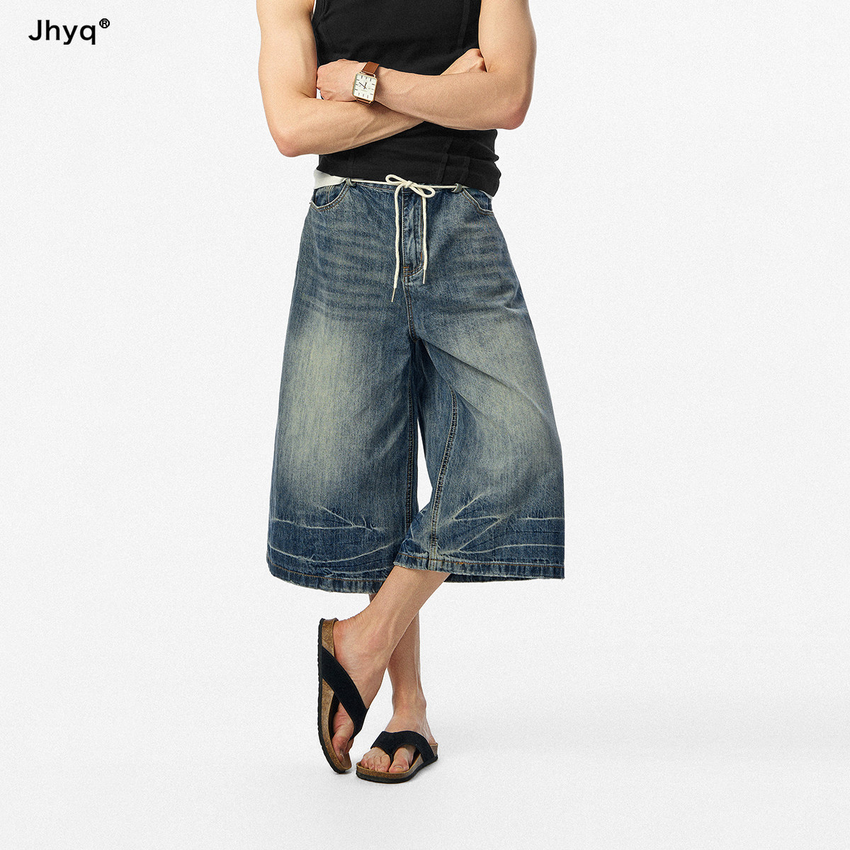 JHYQ美式复古七分阔腿牛仔短裤图片