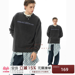 JHYQ美式 T恤男宽松休闲百搭情侣上衣潮 复古水洗做旧字母印花长袖