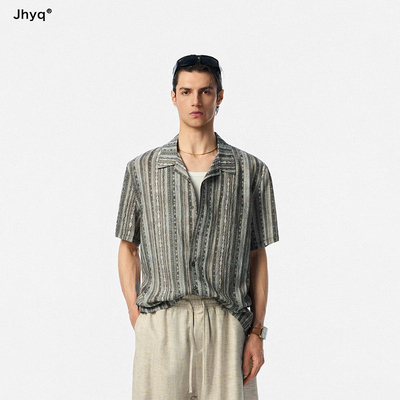 JHYQ古巴领条纹短袖男衬衫夏季