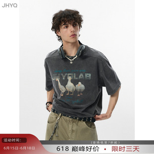 【2026好运鸭】JHYQ美式300g纯棉水洗做旧圆领t恤男宽松印花短袖