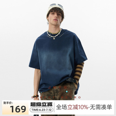 JHYQ美式复古创意领口渐变短袖T恤男夏季新款宽松休闲圆领上衣