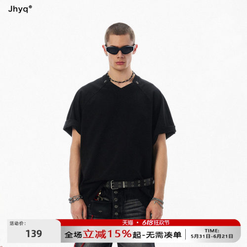 JHYQ美式打钉异型领短袖T恤