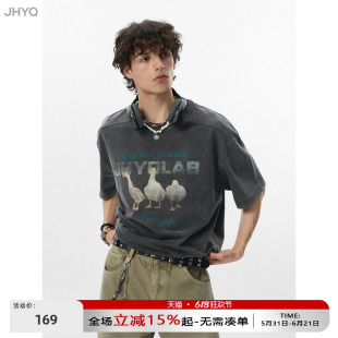 【2026好运鸭】JHYQ美式300g纯棉水洗做旧圆领t恤男宽松印花短袖