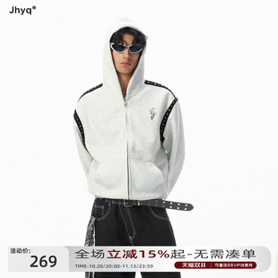 短版型三七分丨JHYQ朋克连帽拉链开衫卫衣男铆钉轻亚比街头风外套