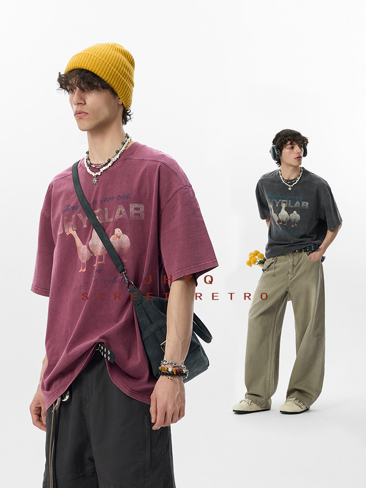 [2026ラッキーダック] JHYQアメリカン300gコットンウォッシュディストレストラウンドネックTシャツメンズルーズプリント半袖