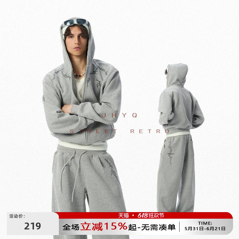 荆棘系列丨JHYQ短版型卫衣美式宽松慵懒加大帽沿连帽男女开衫外套