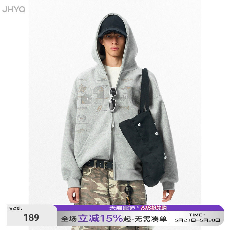 JHYQ净化眼球春秋400g卫衣男女字母印花连帽宽松休闲情侣开衫外套